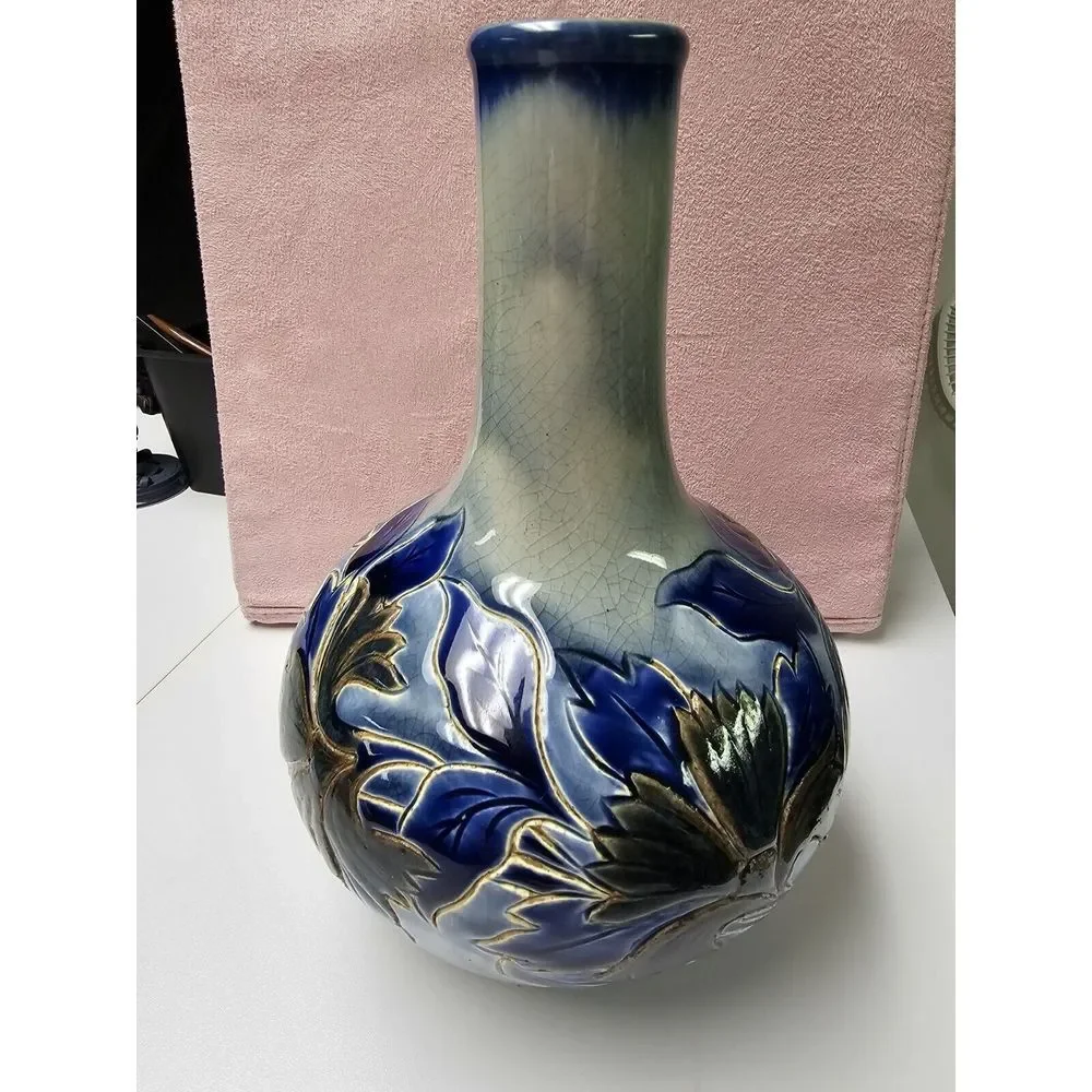 Antique‎ Doulton Lambeth Vase 1881 Signed By Louise E Edwards Cobalt Floral